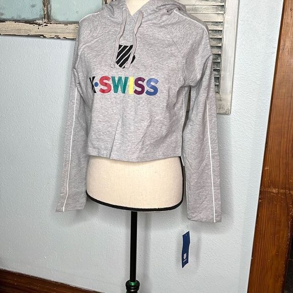 K Swiss Multicolor Logo Long Sleeve Crop Top Hoodie Women's Gray Jacket Size Sma - Picture 2 of 12